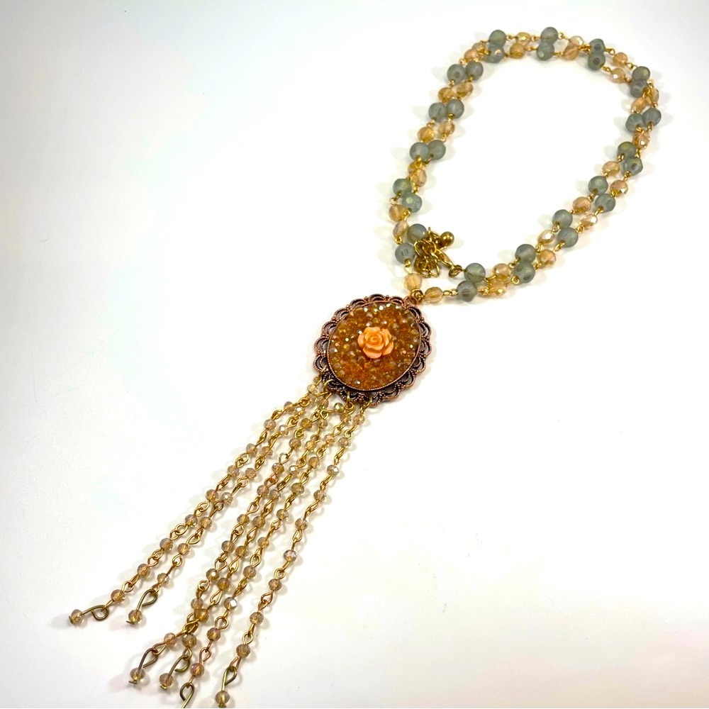 Stunning Vintage Gold Tone Blue White Crystal Glass Flower Tassel Necklace - Picture 2 of 8